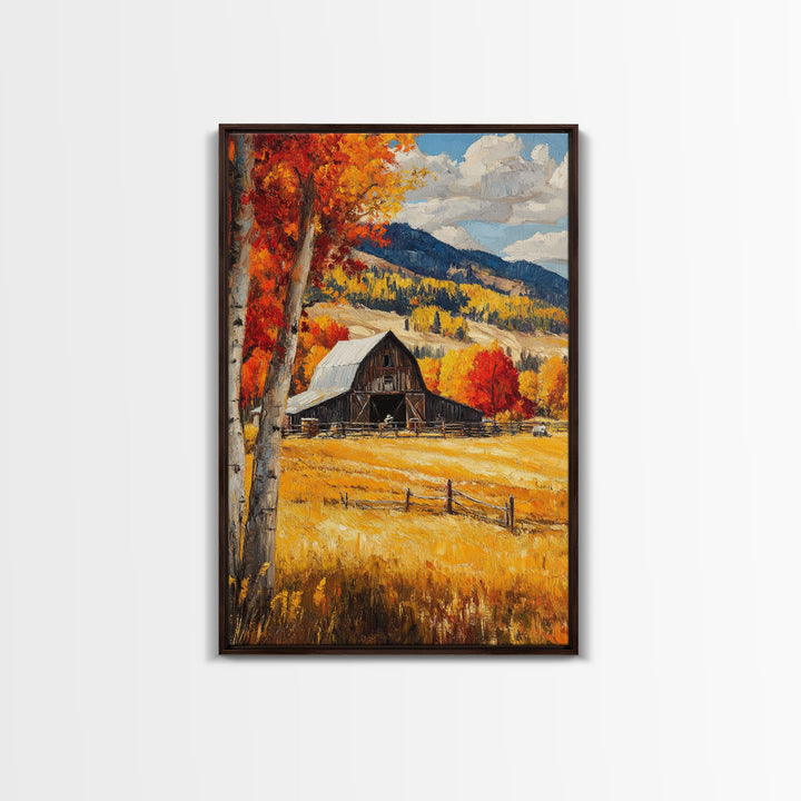 Countryside Barn in Autumn Framed Canvas Print, Bright Fall Landscape Birch Trees, Rustic Wall Art Country Home or Farmhouse Autumn Decor