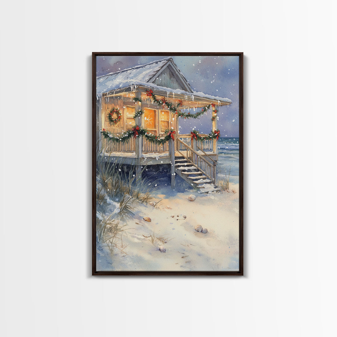 Beach Christmas Cottage Framed Canvas Print, Coastal Holiday Decor with Snow, Wreaths, and Shells, Perfect for Nautical Christmas Wall Art