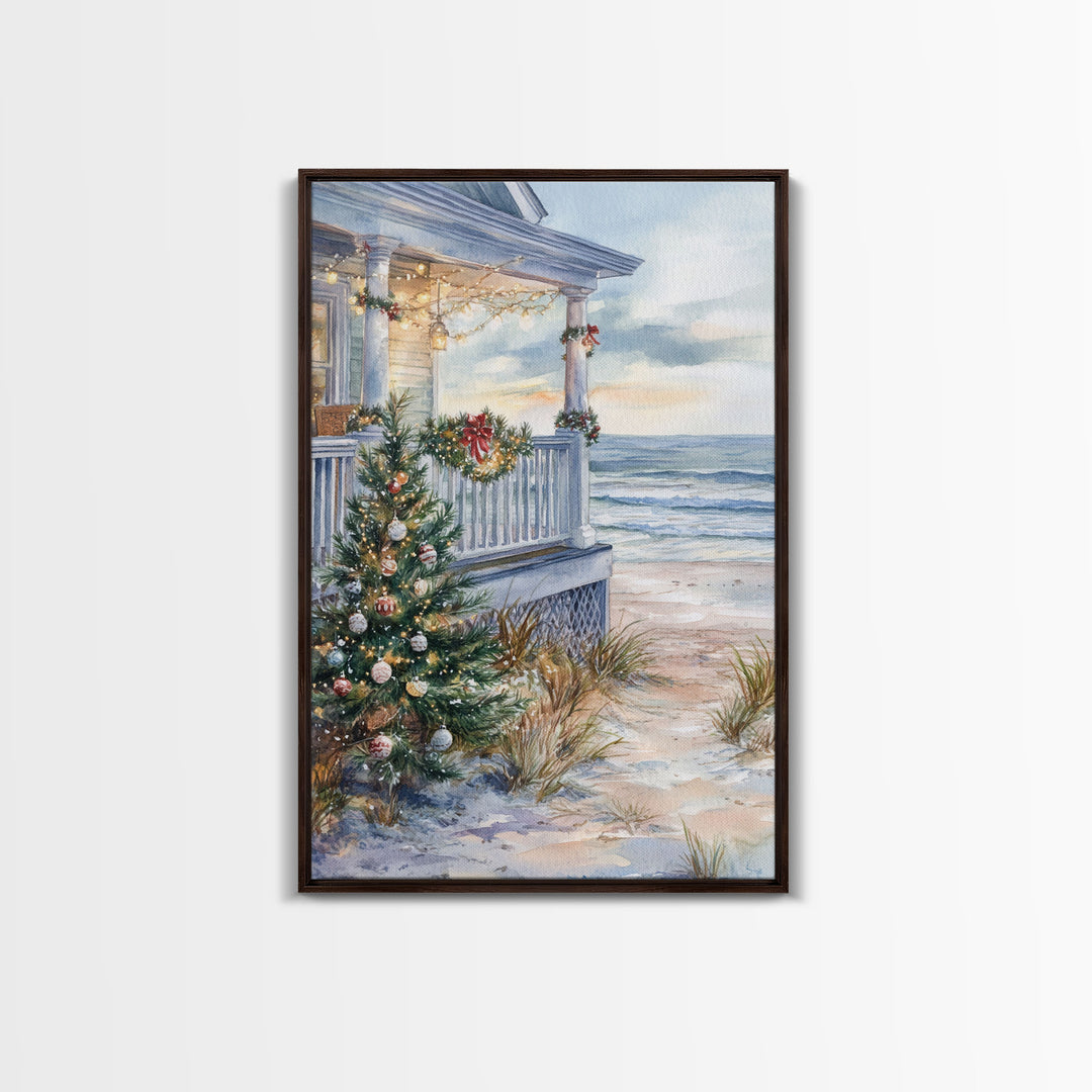 Coastal Christmas Tree Framed Canvas Print, Festive Holiday Decor Tree Beach and Ocean View, Nautical Wall Art Tropical Christmas Decor