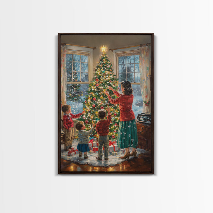 Retro Family Decorating Christmas Tree in Living Room, Classic Christmas Decor Scene, Perfect for Holiday Home, Framed Canvas Print