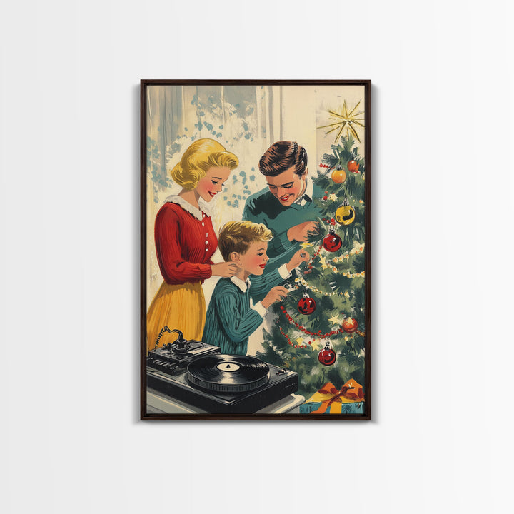 Mid-Century Family Christmas Celebration with Turntable and Christmas Tree, Retro Holiday Wall Art, Framed Canvas Print