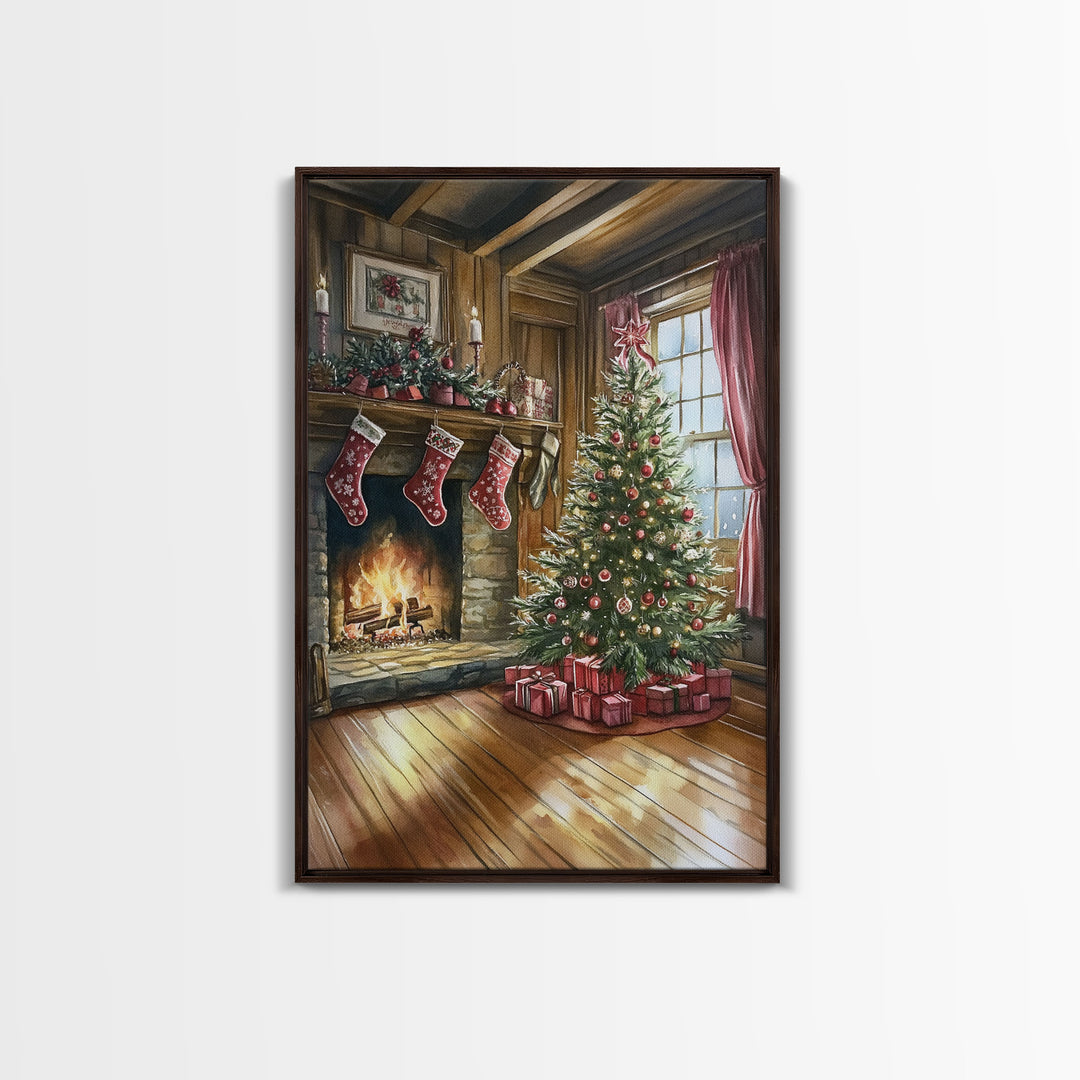 Cozy farmhouse Christmas interior Framed Canvas Print with tree stockings and fireplace, warm holiday art rustic Christmas decor mantle
