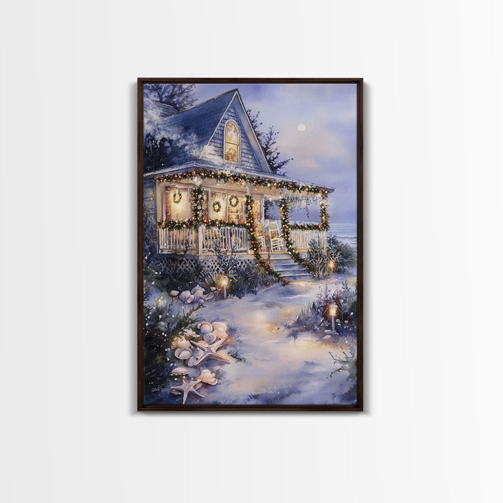Charming beachfront cottage Christmas lights with wreaths Framed Canvas Print, beach house holiday wall art coastal Christmas decor