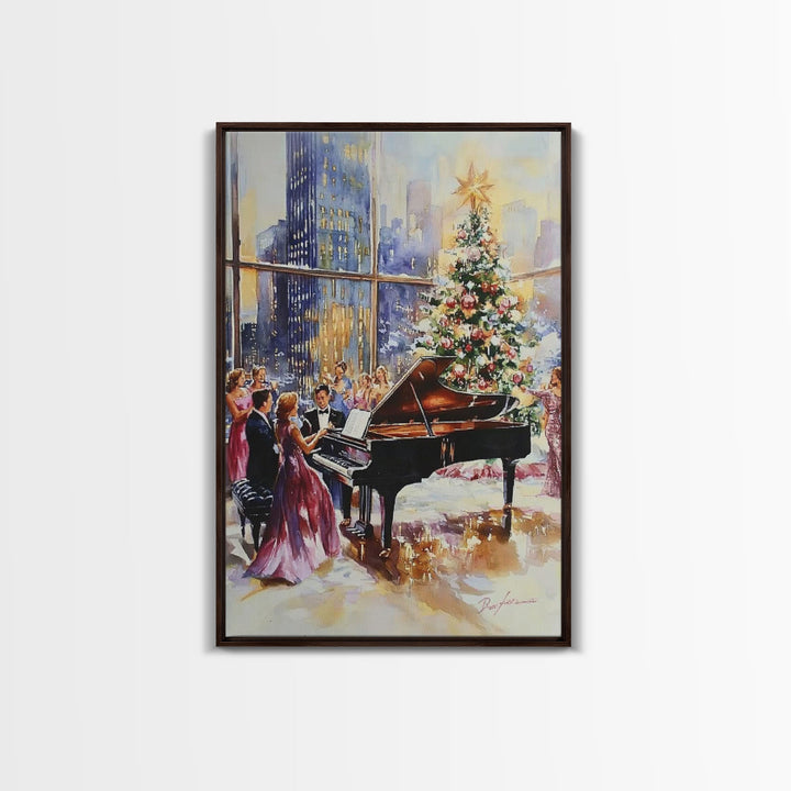 Elegant Christmas party with grand piano and city skyline view Framed Canvas Print, classy holiday wall art perfect seasonal decor idea