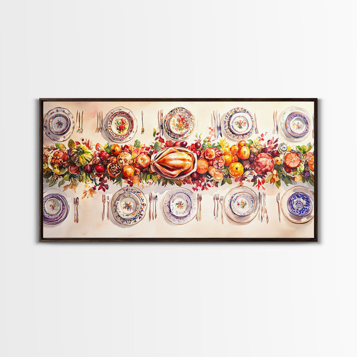 Festive Thanksgiving dinner table setting with colorful centerpiece, framed canvas print perfect autumn holiday decor wall art