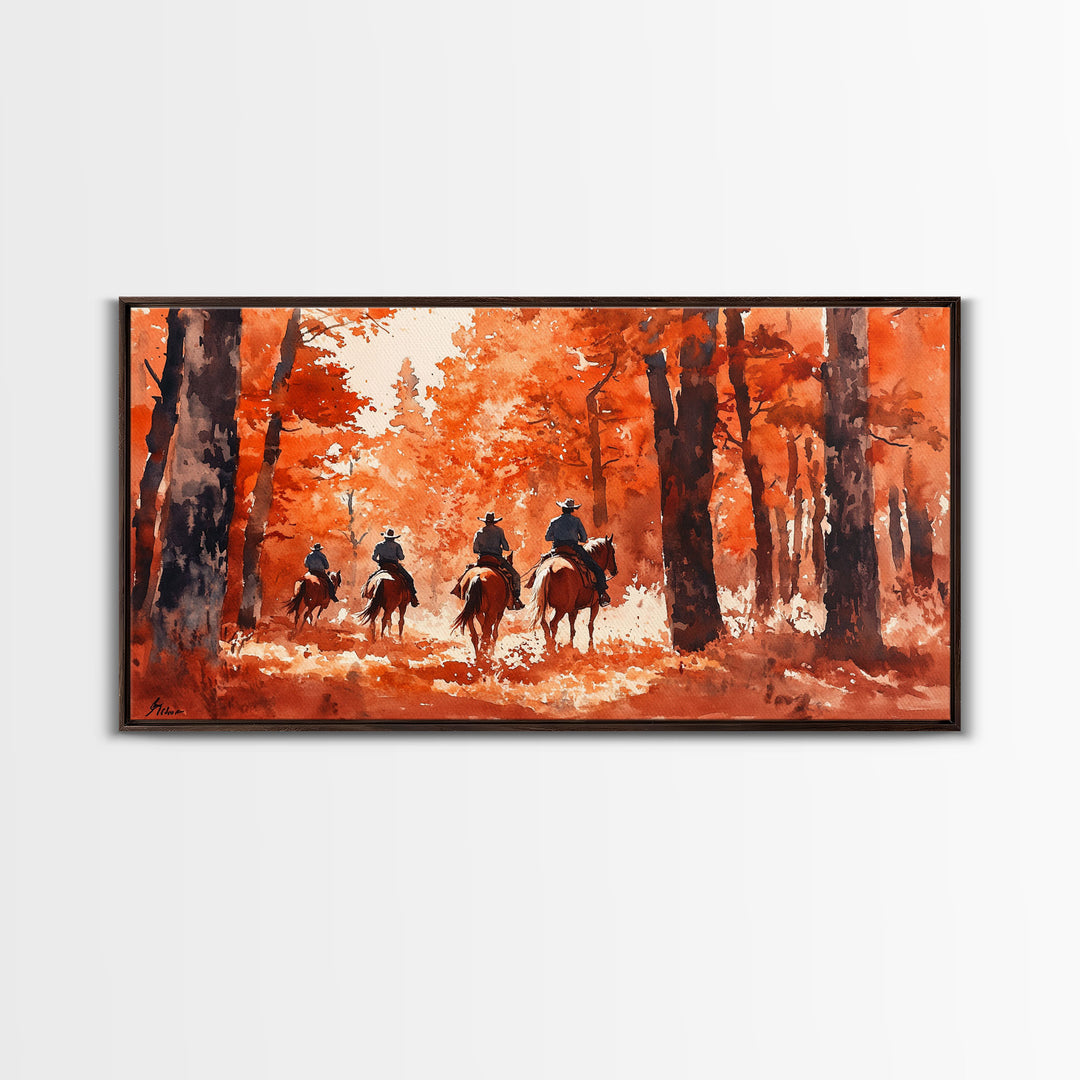 Framed Canvas Print Fall Forest Riders in Autumn Colors, Rustic Cowboy Wall Art, Perfect Fall Decor and Seasonal Home Art