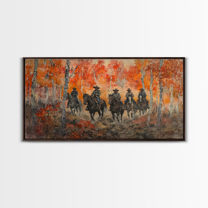 Framed Canvas Print Horseback Riders in Rustic Fall Forest, Cowboy Theme Wall Art, Autumn Home Decor, and Seasonal Canvas Wall Print