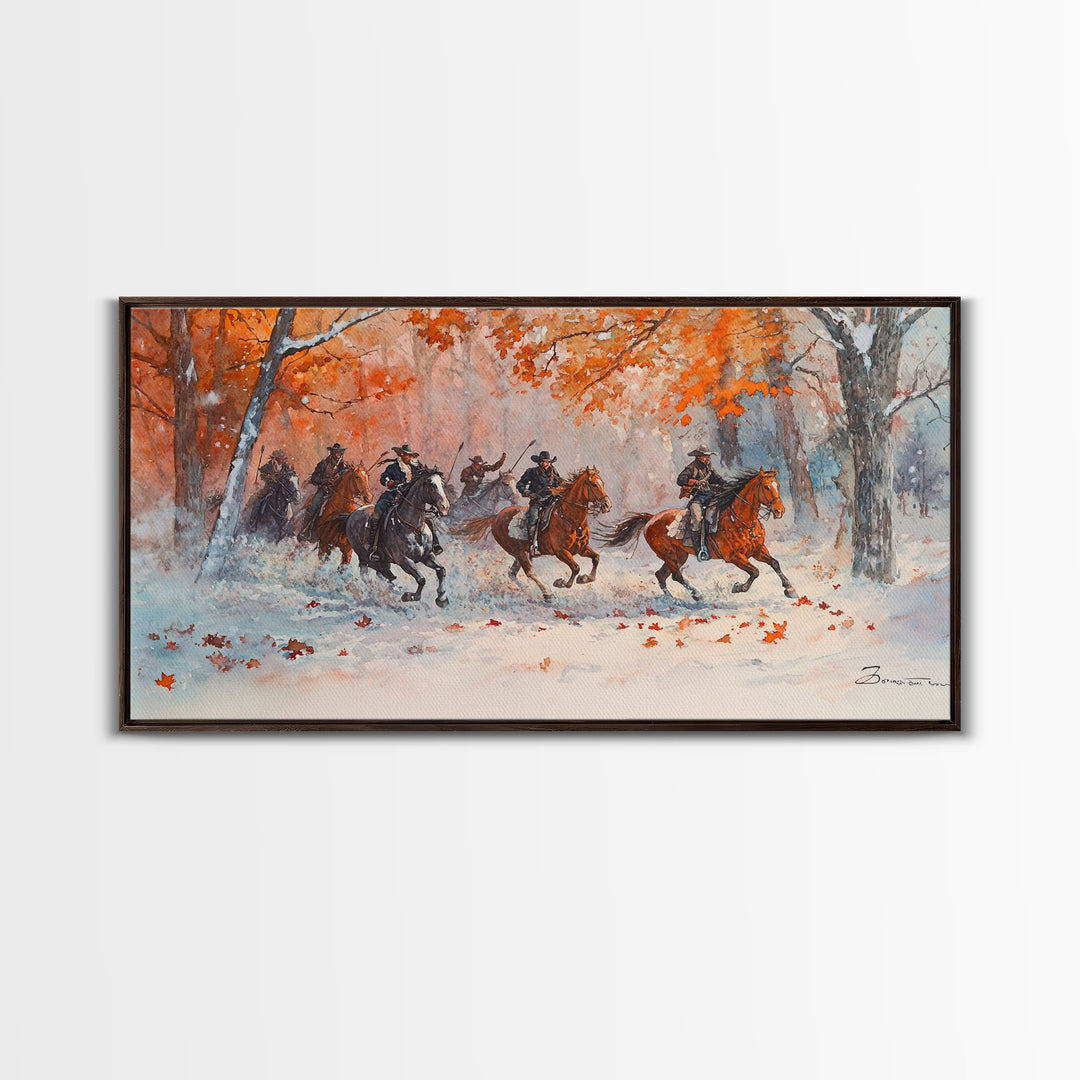 Framed Canvas Print Fall Forest Cowboys in Vibrant Autumn Colors, Perfect Autumn Wall Art, Rustic Home Decor, and Seasonal Cowboy Art