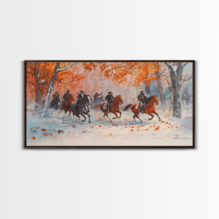 Framed Canvas Print Fall Forest Cowboys in Vibrant Autumn Colors, Perfect Autumn Wall Art, Rustic Home Decor, and Seasonal Cowboy Art