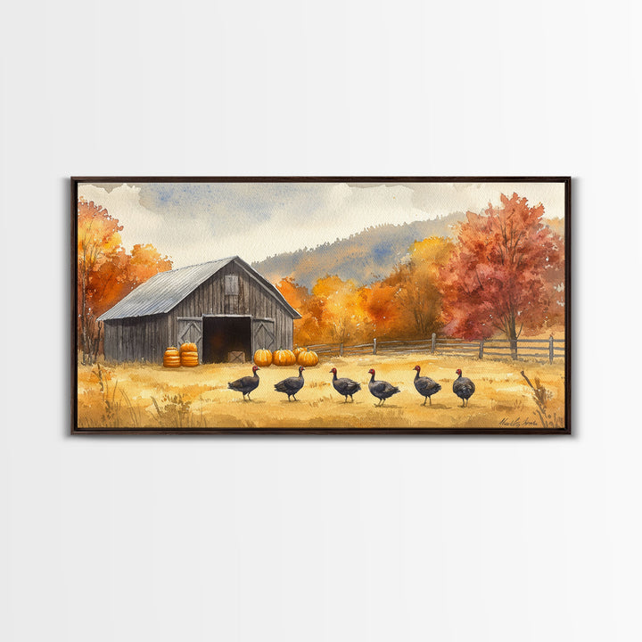 Framed Canvas Print Rustic Barn with Pumpkins and Turkeys, Perfect Autumn Farmhouse Decor, Fall Wall Art, Country Autumn Scene