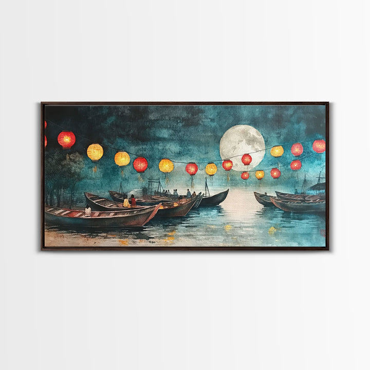 Framed Canvas Print Full Moon Lanterns on Boats, Dreamy Night Scene, Watercolor Christmas Art, Unique Holiday Decor, Coastal Christmas
