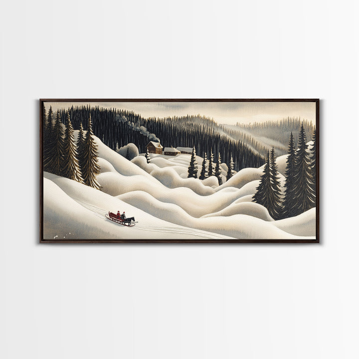 Framed Canvas Print Snowy Mountain Sleigh Ride, Winter Wonderland Wall Art, Christmas Home Decor, Vintage Holiday Scene