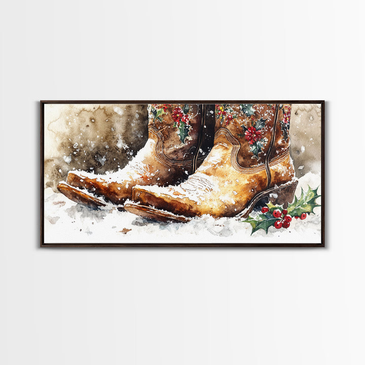 Rustic Cowboy Boots with Holly Framed Canvas Print Christmas Decor Western Holiday Wall Art Vintage Christmas Art Gift Idea 2024