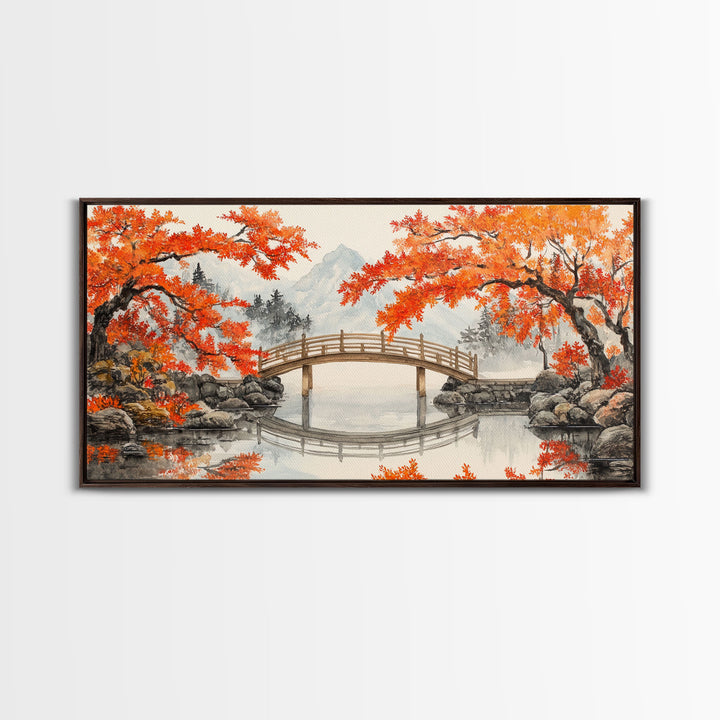 Japanese Bridge in Autumn Framed Canvas Print Fall Landscape Art Nature Wall Decor Seasonal Holiday Art Rustic Country Gift Idea 2024