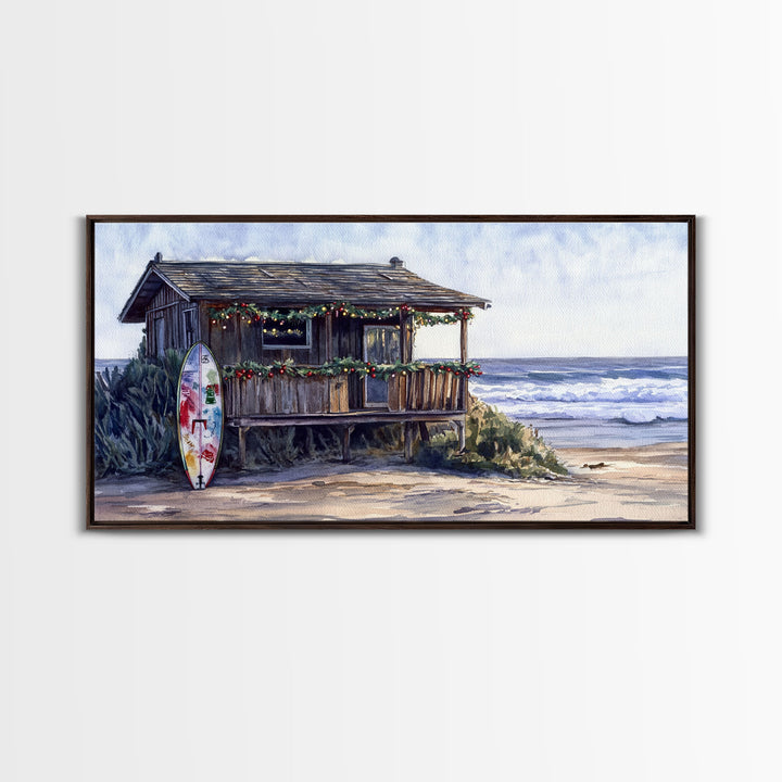 Christmas beach art Framed Canvas Print tropical Christmas decor holiday wall art Christmas vacation gift idea vintage Christmas wall art