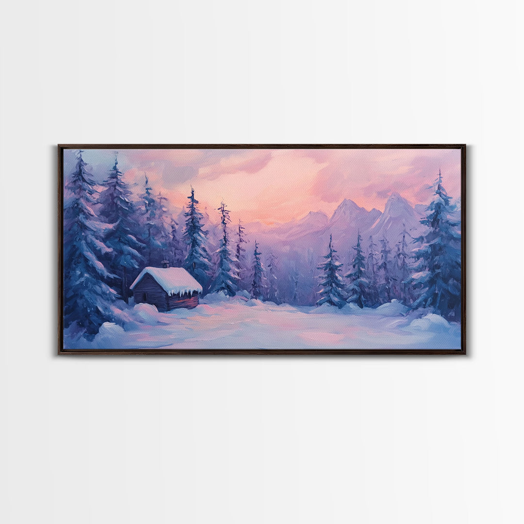 Cozy Cabin Surrounded By Winter Trees Tall Art Framed Canvas Print Serene Snowy Forest Cabin Landscape With Warm Interior Lights