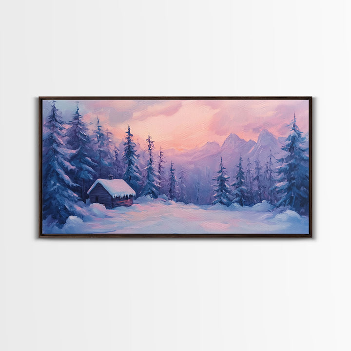 Cozy Cabin Surrounded By Winter Trees Tall Art Framed Canvas Print Serene Snowy Forest Cabin Landscape With Warm Interior Lights