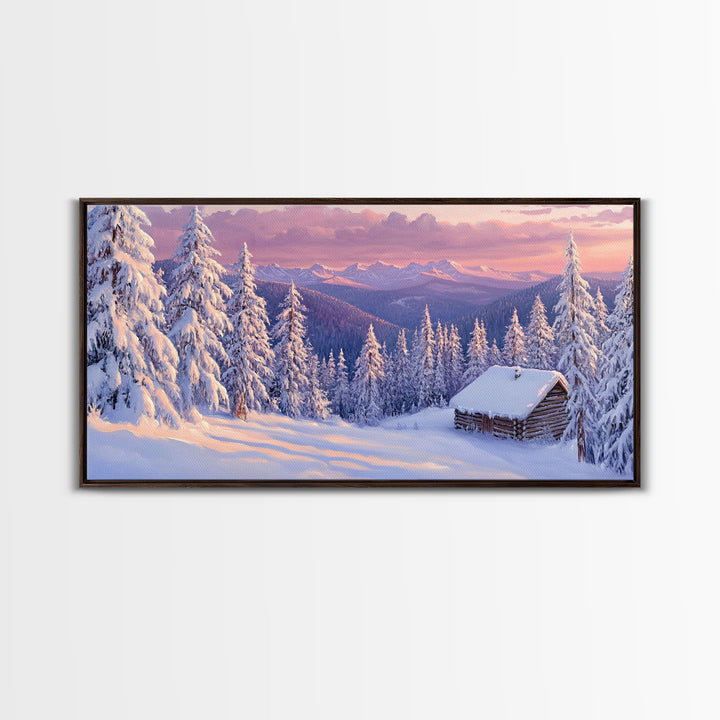 Mountain Cabin At Sunrise Tall Art Framed Canvas Print Winter Snow Covered Trees And Cabin In Mountains With Pastel Sky
