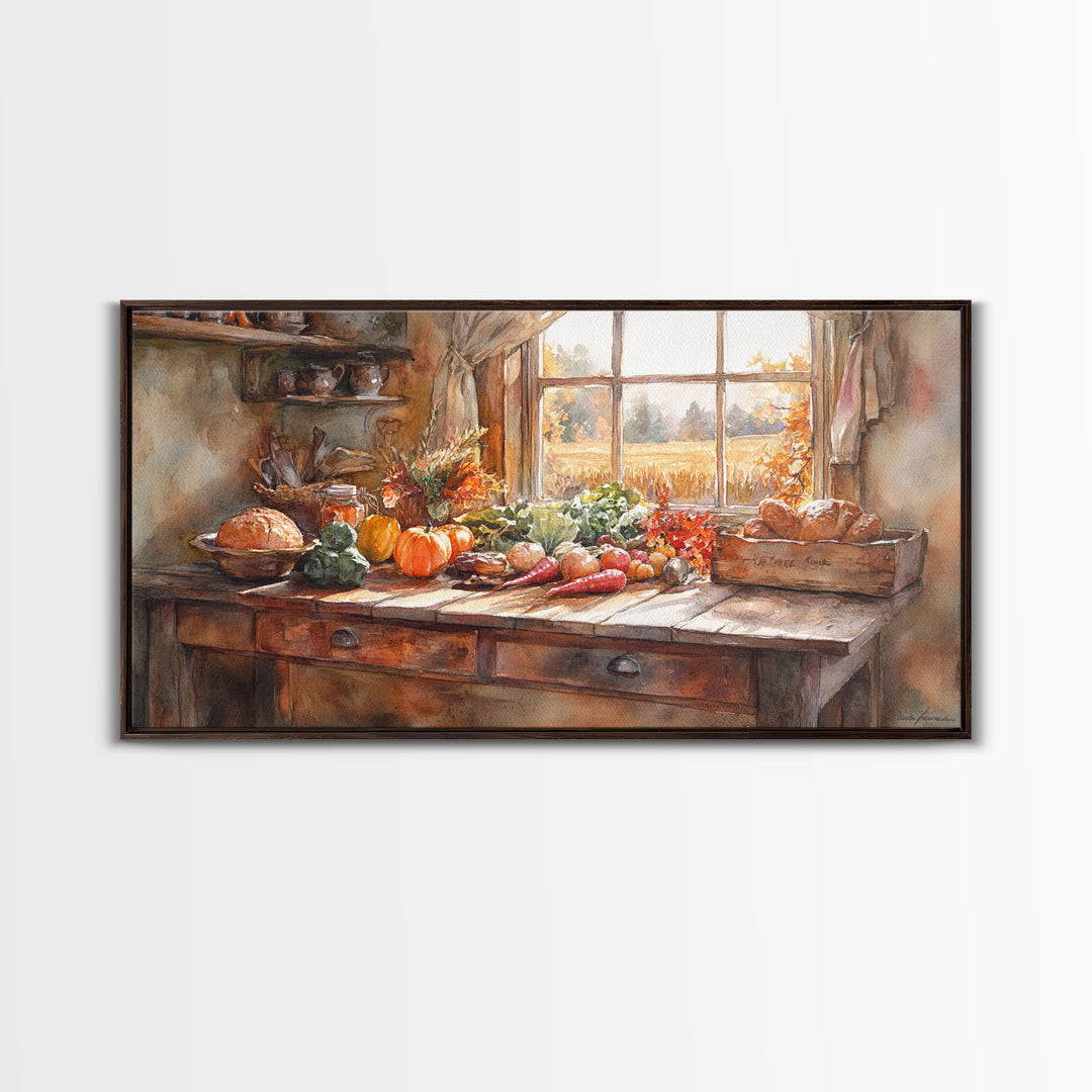 Autumn farmhouse scene art, seasonal wall decor, vintage fall wall art, rustic autumn home decor, gift idea, framed canvas print