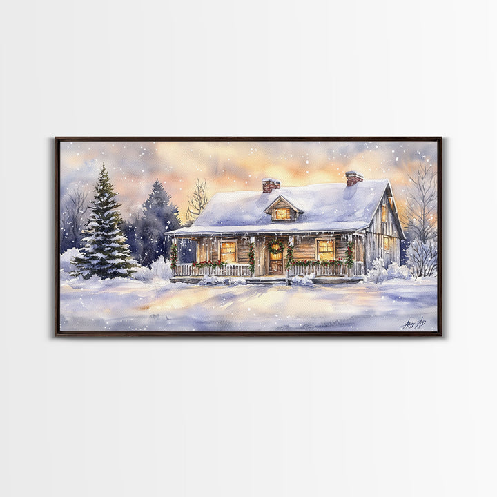 Log cabin in winter, snowy holiday art, farmhouse Christmas decor, rustic Christmas, vintage wall art, framed canvas print