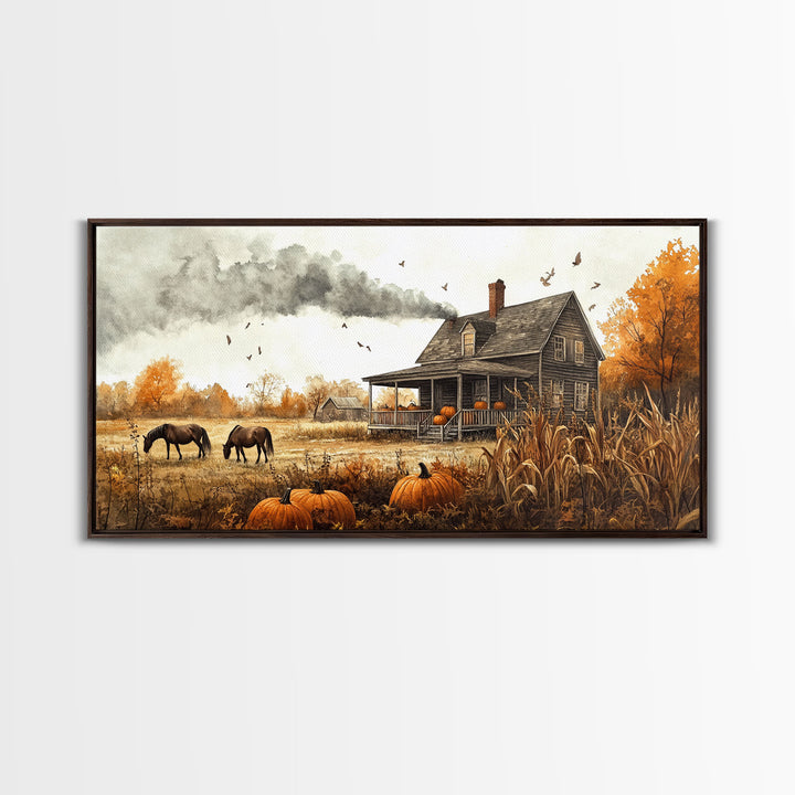 Horses grazing in autumn landscape, fall farmhouse decor, rustic wall art, decor, vintage fall wall print, framed canvas print