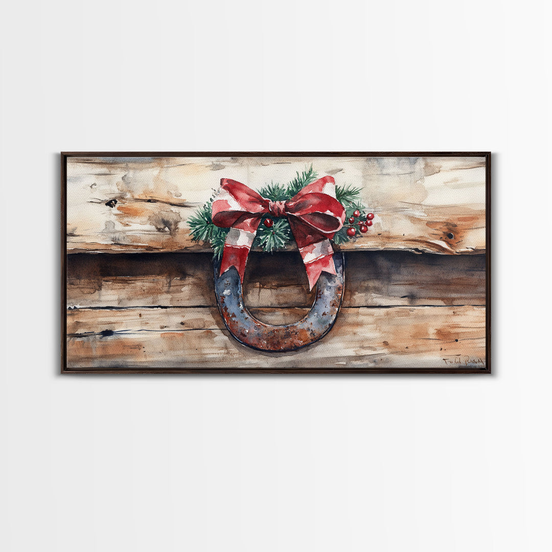 Festive horseshoe Christmas art, rustic holiday decor, farmhouse holiday gift idea, cozy winter home decor, framed canvas print