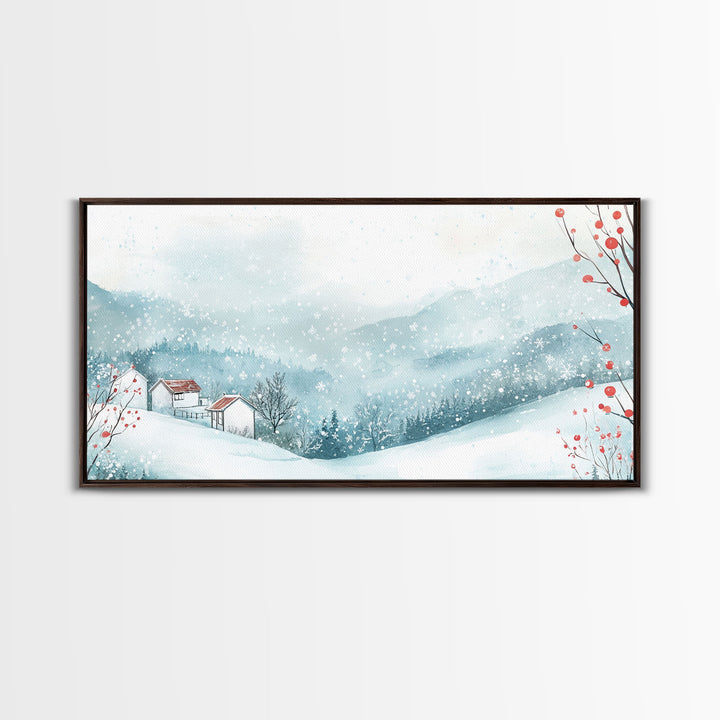 Winter mountain village art, snow-covered landscape, holiday wall art, winter wall decor, cozy winter home decor, framed canvas print