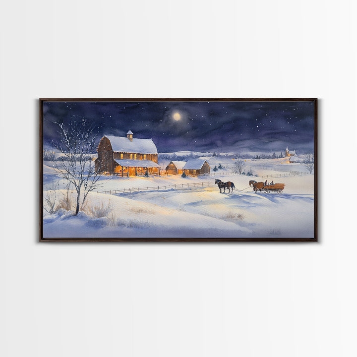 Horse and Barn in Snowy Christmas Scene, Framed Canvas Print, Winter Christmas Decor, Farmhouse Christmas, Rustic Holiday Art, Wall Art