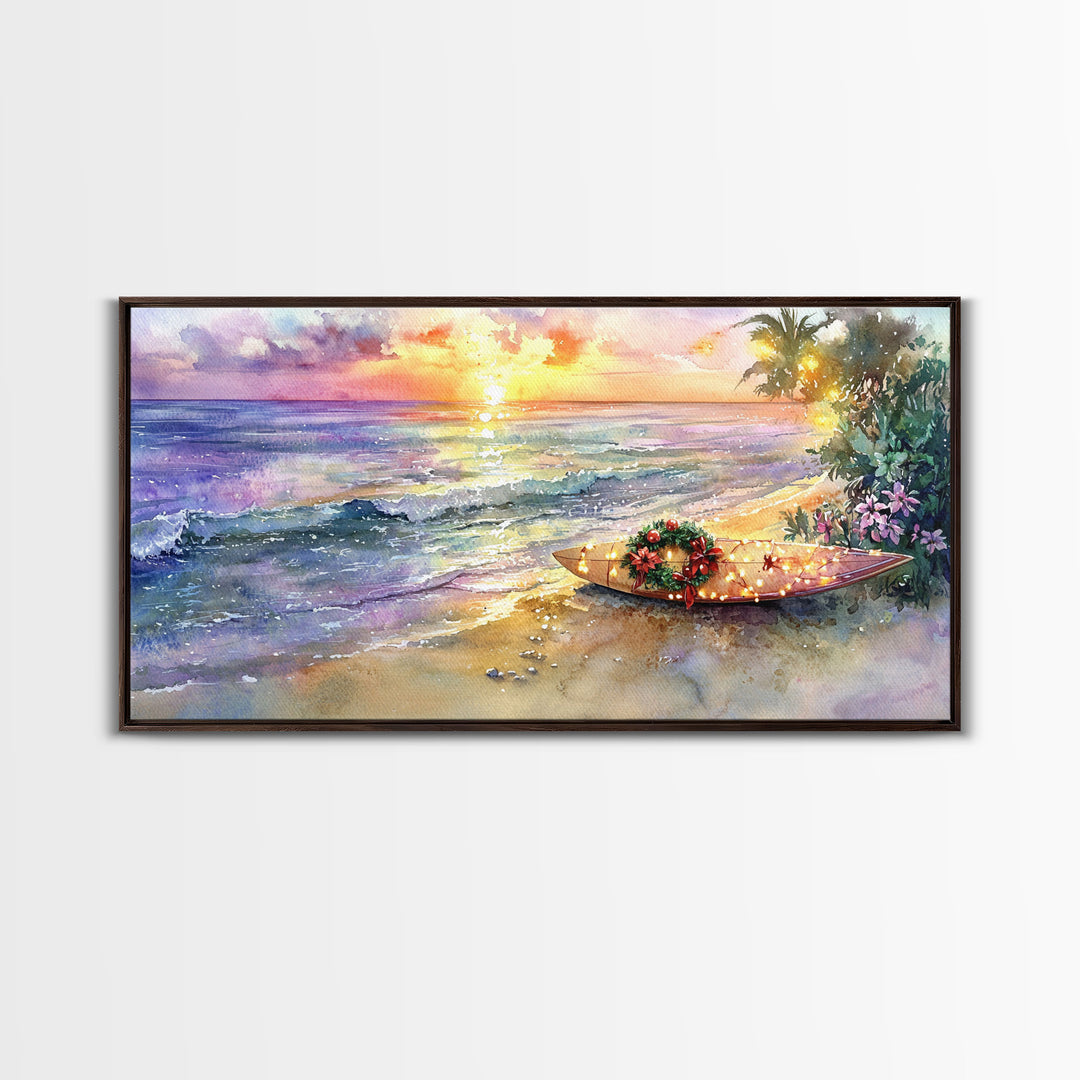 Christmas Surfboard Beach Decor Canvas Print | Tropical Coastal Christmas Art | Beach Christmas Wall Art | 2024 Holiday Decor | Gift Idea
