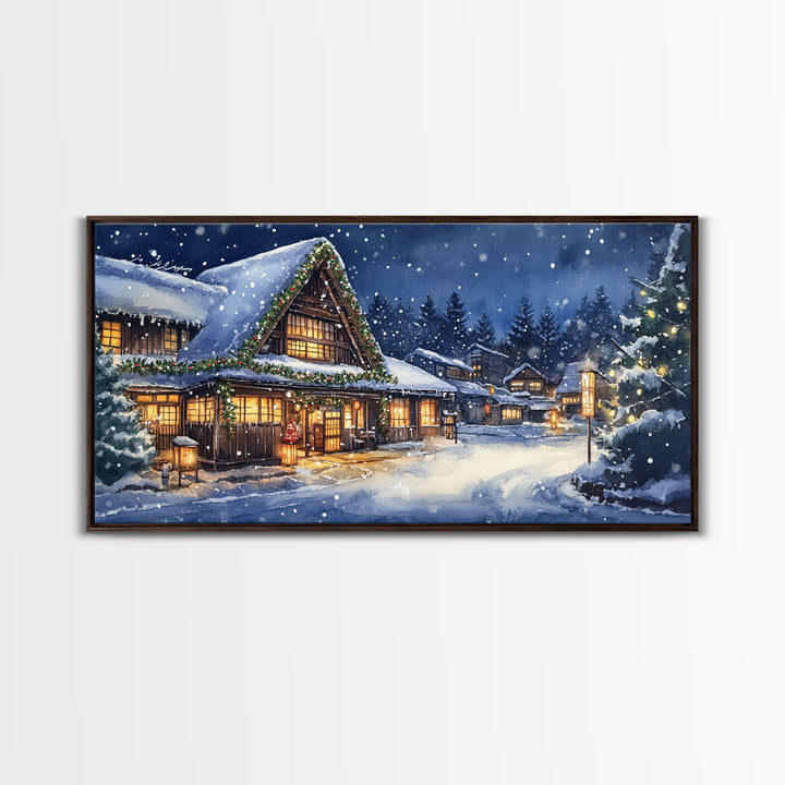 Cozy Snowy Christmas Cabin Scene Canvas Print | Winter Wonderland Christmas Wall Art | Rustic Christmas Decor | 2024 Holiday Art Gift