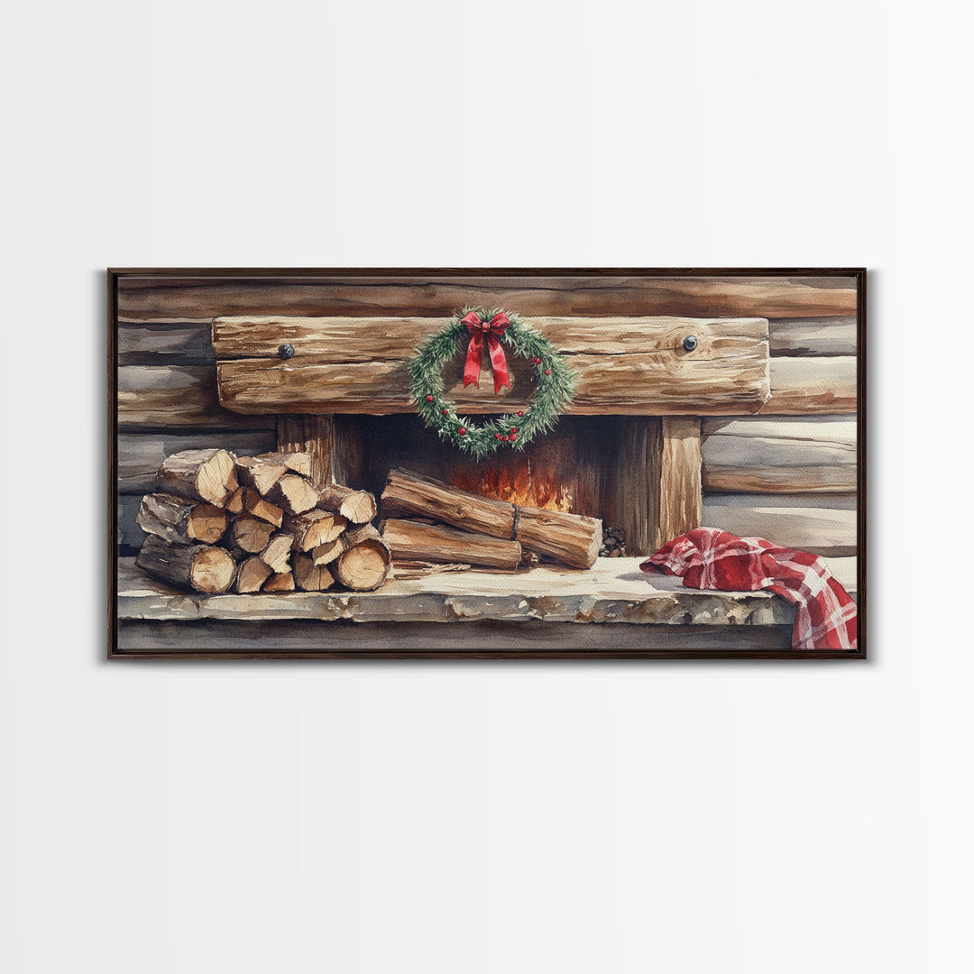 Cozy Cabin Fireplace Christmas Canvas Print | Rustic Christmas Wall Art | Holiday Home Decor | Christmas Mantle Decor | 2024 Christmas Gift