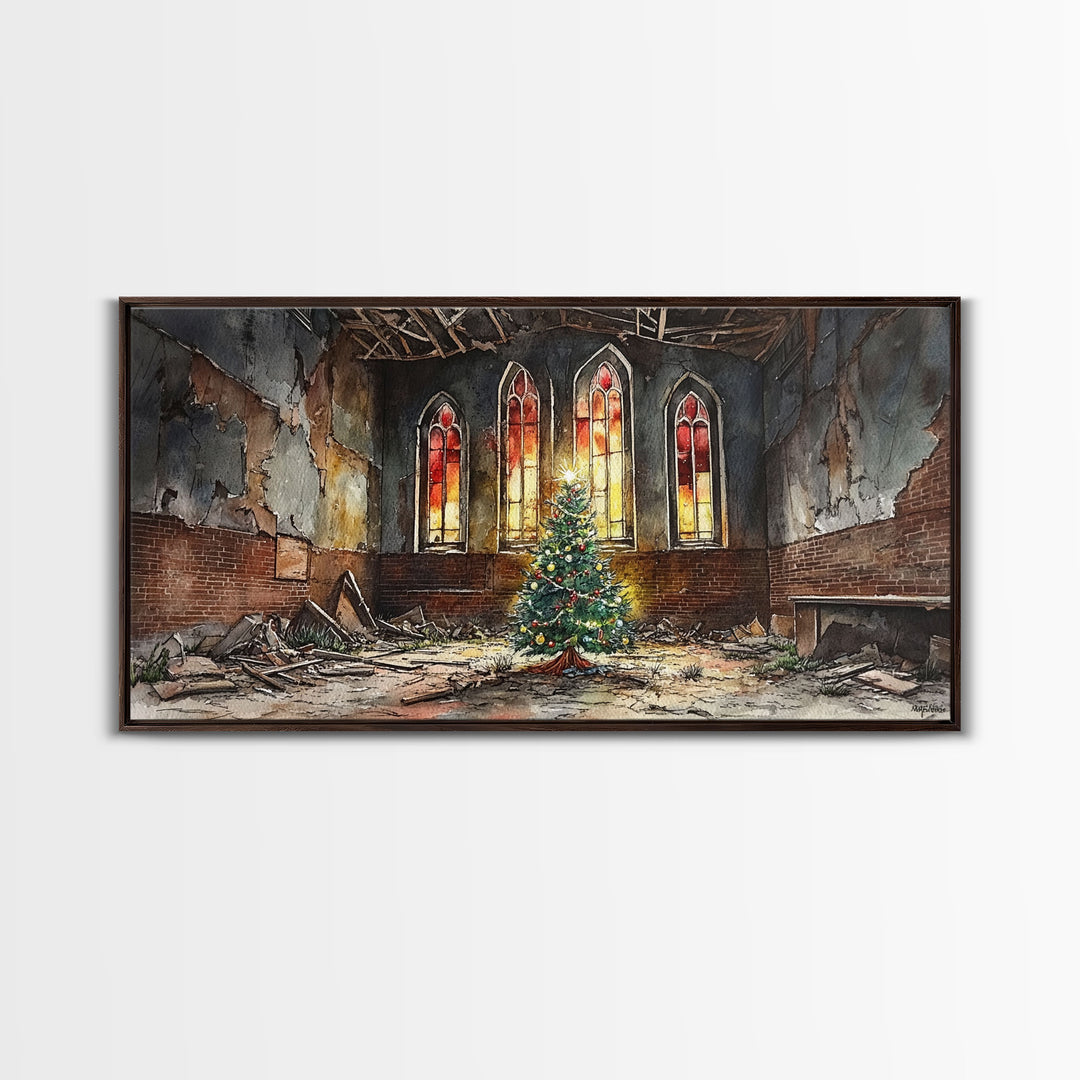 Christmas tree in abandoned church art, framed canvas print, rustic Christmas decor, winter decor, vintage Christmas scene art for home