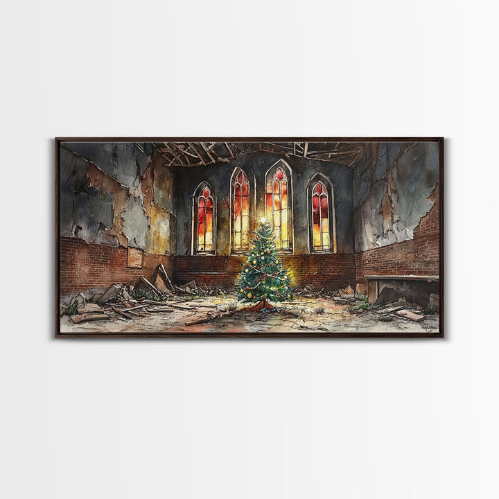 Christmas tree in abandoned church art, framed canvas print, rustic Christmas decor, winter decor, vintage Christmas scene art for home