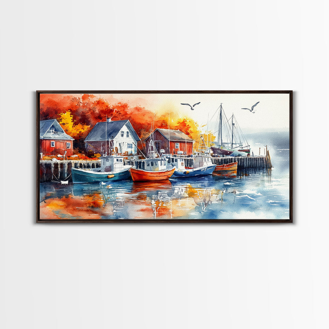 Colorful boats harbor framed canvas print, rustic autumn coastal decor, fall home decor, vintage nautical art gift idea, seasonal wall art