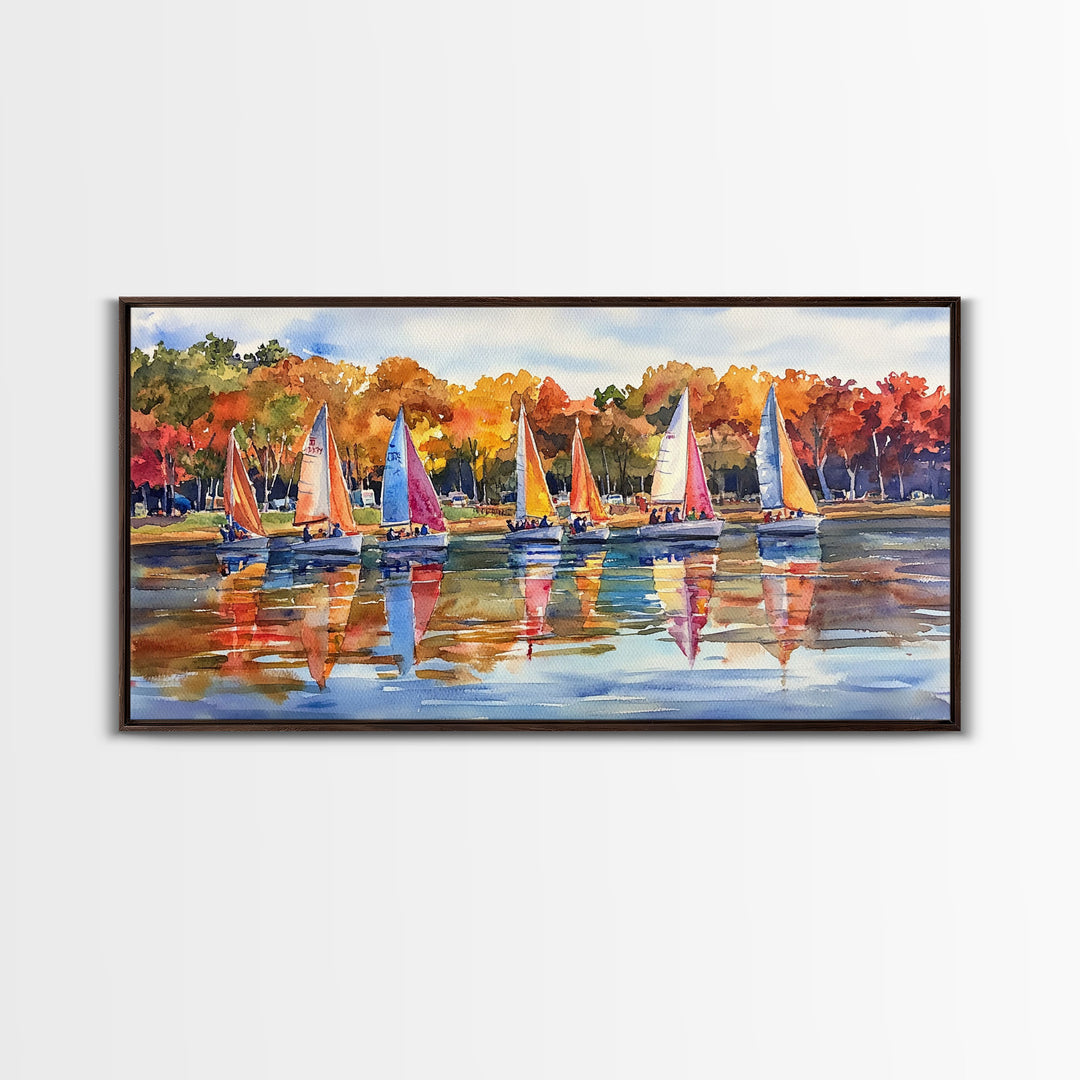 Sailboats on autumn lake, framed canvas print, colorful fall decor, nautical wall art for fall home, rustic autumn wall art, gift idea