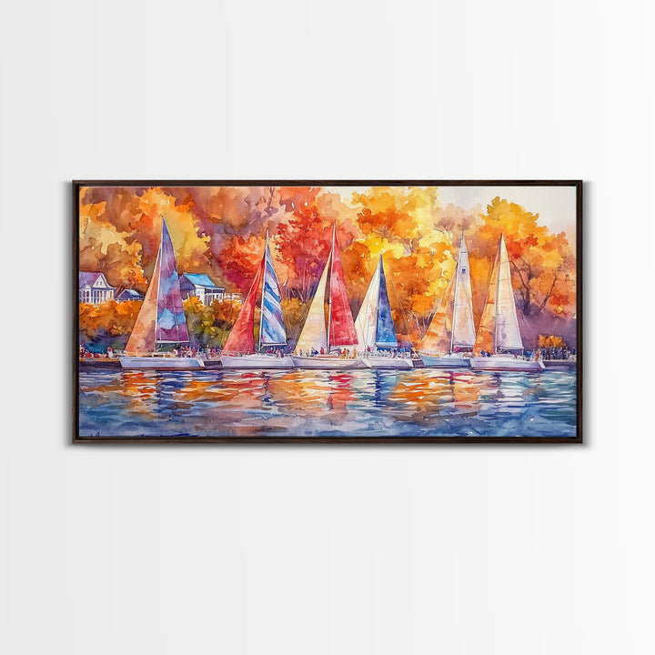Sailboats in autumn harbor framed canvas print, colorful fall decor, rustic nautical wall art, autumn home decor, fall landscape wall art