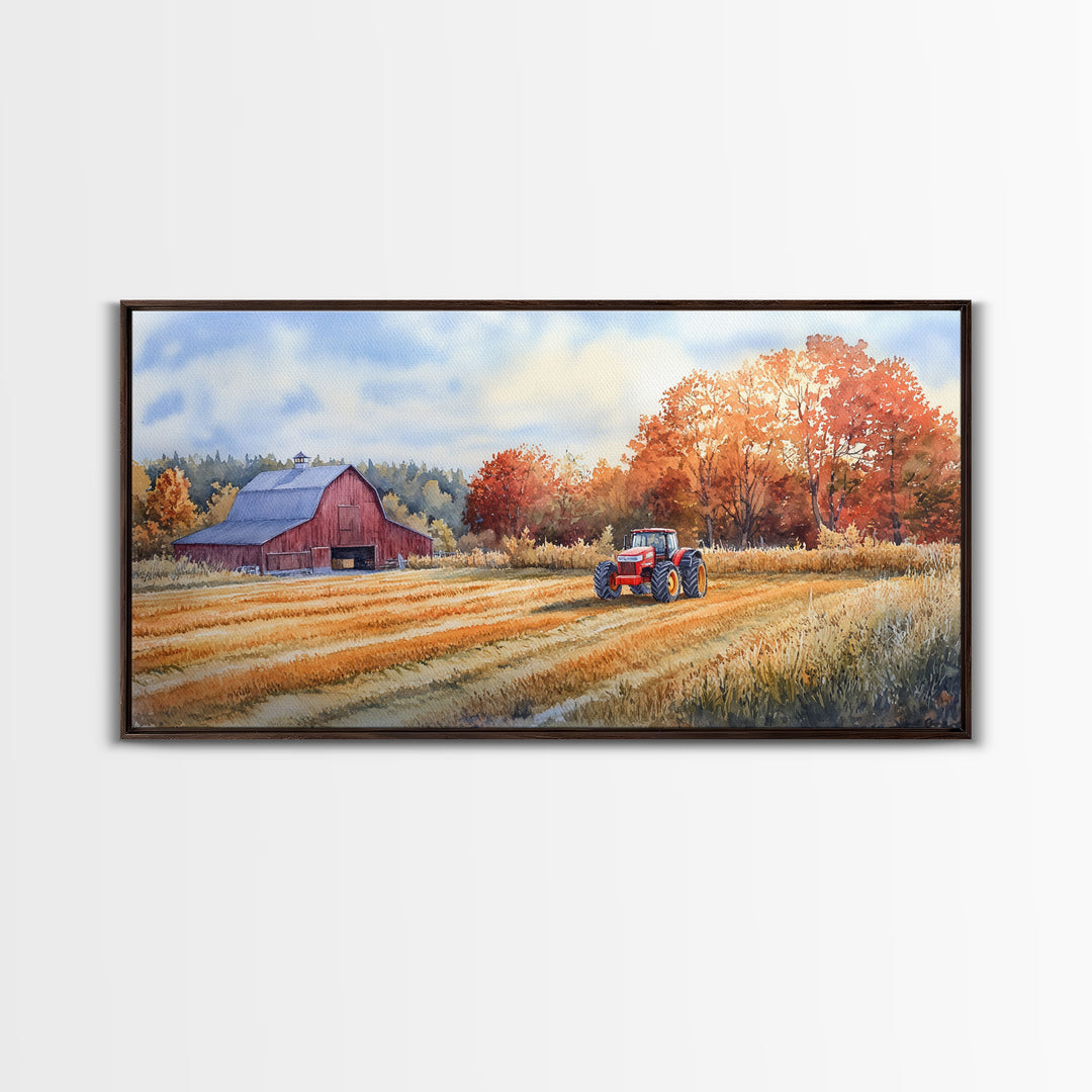 Red Barn in Autumn Landscape, Framed Canvas Print, Farmhouse Fall Decor, Watercolor Wall Art, Above Sofa Art, Wall Decor, Gift Idea 2024