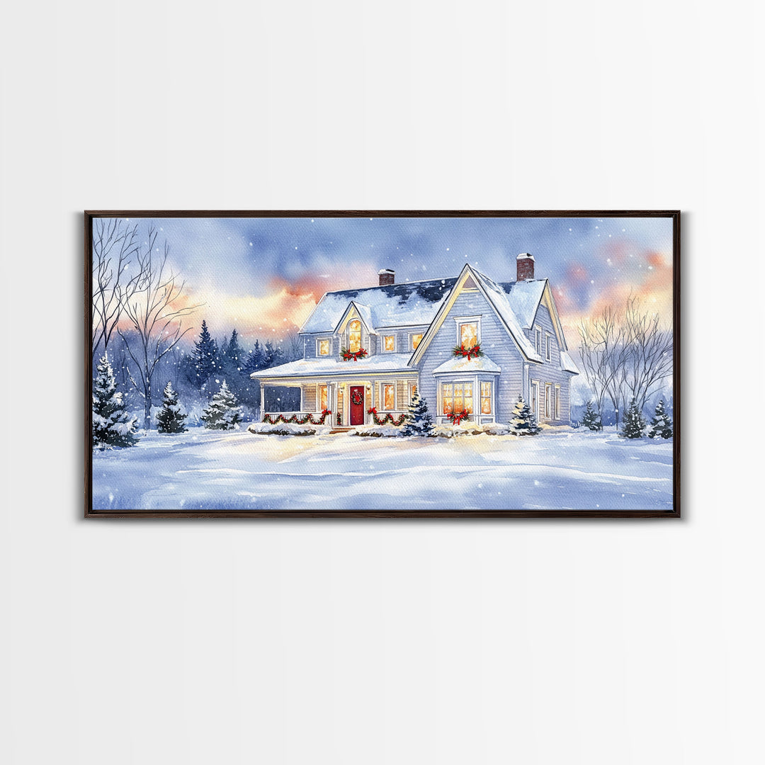 Cozy Winter House with Snowy Landscape, Christmas Decor, Framed Canvas Print, Farmhouse Christmas Decor, Seasonal Wall Art, Gift Idea