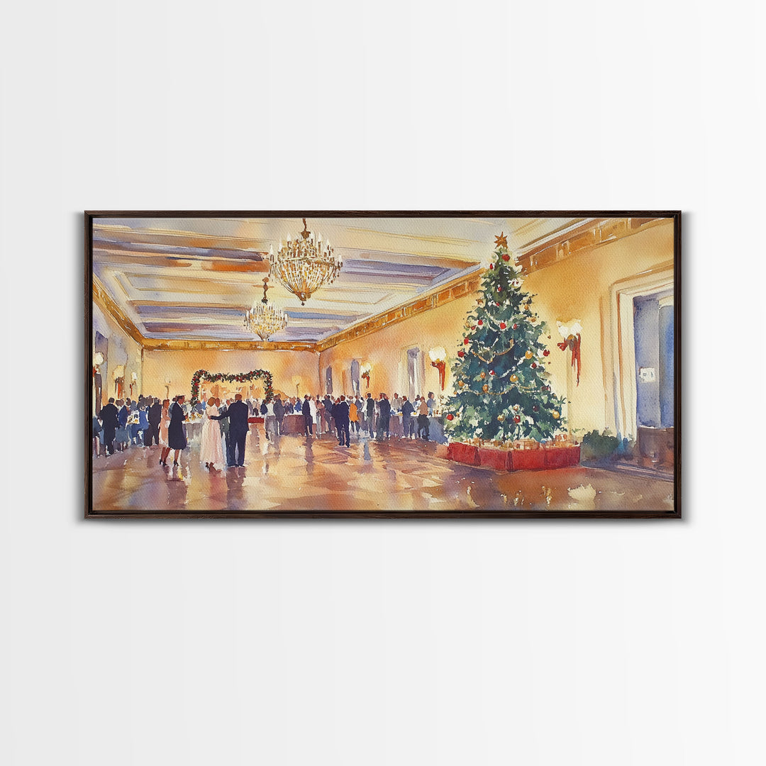 Elegant Ballroom Christmas Party Scene, Framed Canvas Print, Holiday Wall Art, Christmas Decor, Wall Art, Seasonal Decor, Best Gift Idea