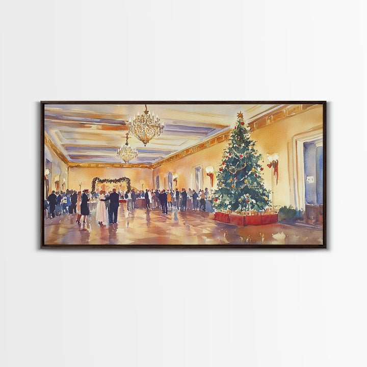 Elegant Ballroom Christmas Party Scene, Framed Canvas Print, Holiday Wall Art, Christmas Decor, Wall Art, Seasonal Decor, Best Gift Idea