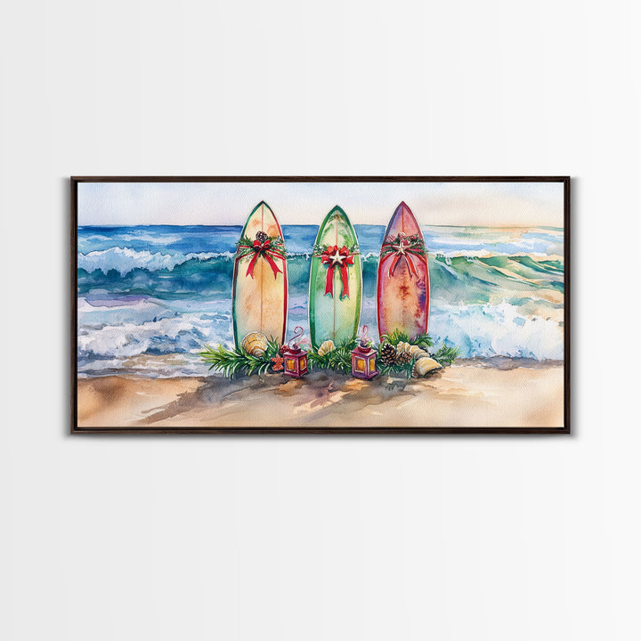 Beach Christmas Decor with Surfboards, Tropical Christmas Art, Framed Canvas Print, Watercolor Wall Art, Coastal Holiday Decor Art Gift Idea