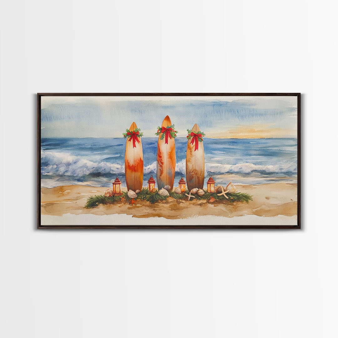 Coastal Christmas Surfboard Scene, Beach Christmas Decor, Framed Canvas Print, Watercolor Wall Art, Tropical Holiday Decor, Best Gift Idea