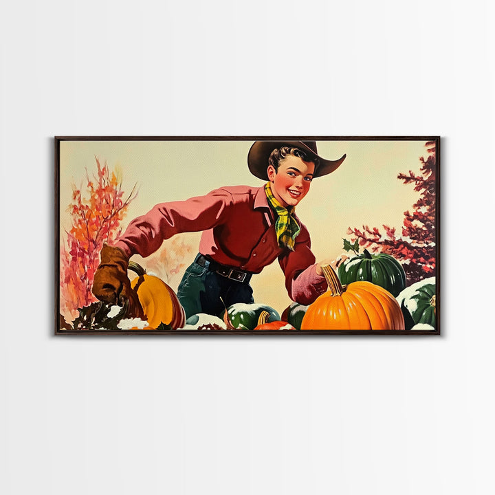 Autumn Cowboy with Pumpkins Framed Canvas Print, Vintage Fall Decor, Gift Idea, Farmhouse Wall Art, Rustic Pumpkin Patch, Holiday Home Decor