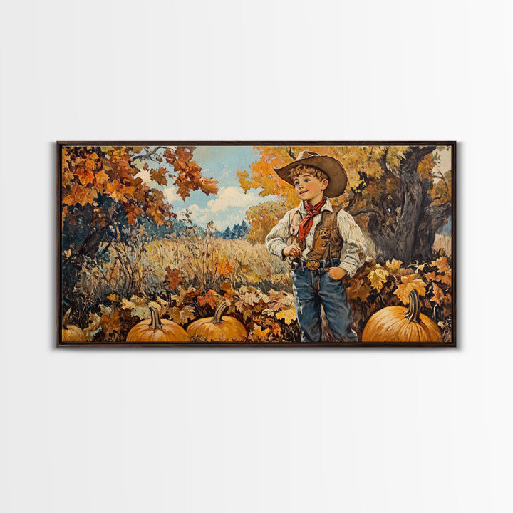 Vintage Fall Cowboy Framed Canvas Print, Retro Autumn Wall Art, Farmhouse Pumpkin Patch, Gift Idea, Harvest Home Decor, Rustic Art Piece