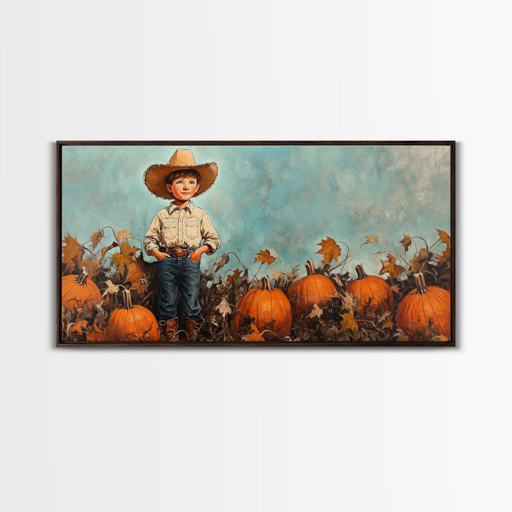 Cowboy Boy with Pumpkins Framed Canvas Print, Fall Wall Art, Rustic Farmhouse Decor, Vintage Harvest Print, Gift Idea, Holiday Home Decor