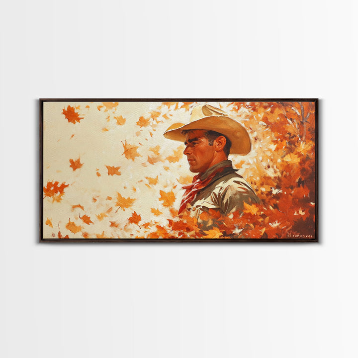 Cowboy and Fall Leaves, Framed Canvas Print Seasonal Wall Art Christmas Cowboy Gift Winter Landscape Wall Decor