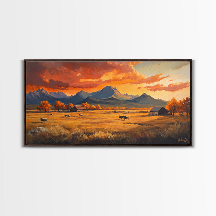 Fall Sunset Framed Canvas Print Scenic Ranch Landscape Art Autumn Wall Decor Ideal Holiday Home Decor and Gift for Farmhouse Style