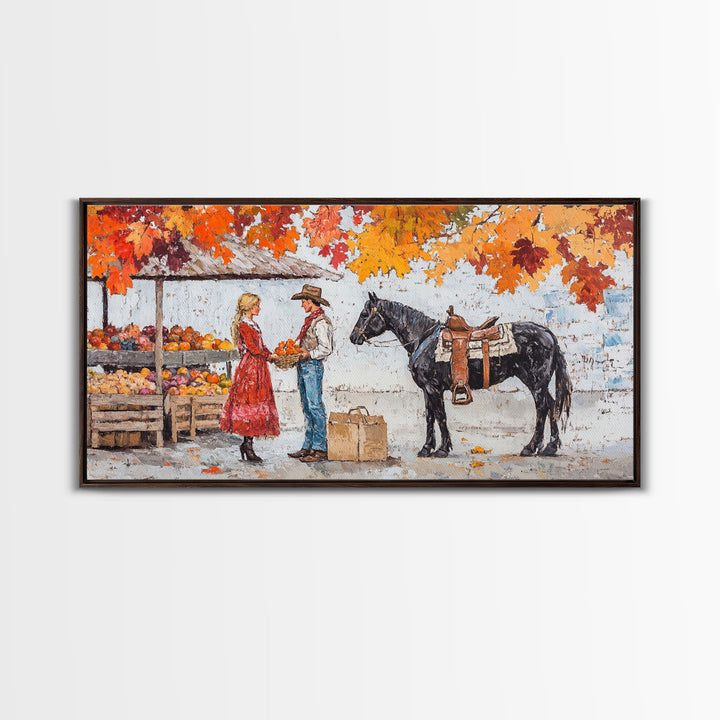 Cute Cowboy & Cowgirl Meet At The Market, Autumn Landscape Fall Colors Horse Rider Wall Art Rustic Fall Wall Decor, Framed Canvas Print