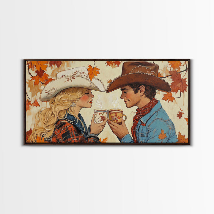 Cowgirl & Cowboy Enjoy Some Hot Chocolate, Art For Couples, Framed Canvas Print, Rustic Farmhouse Home Decor, Wall Art Rustic Decor