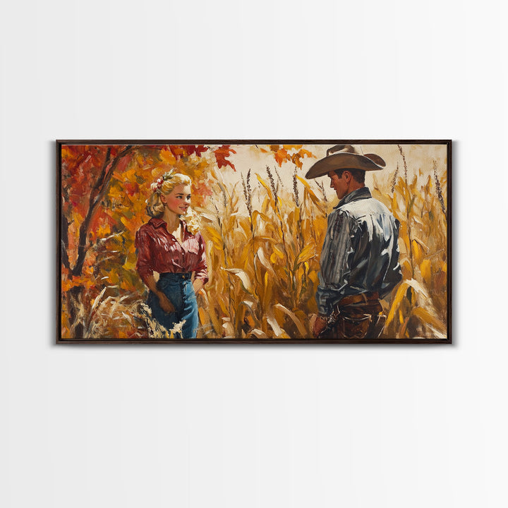 Cowboy & Cowgirl In Love, Framed Canvas Print, Vintage Holiday Winter Wall Art Western Christmas Decor